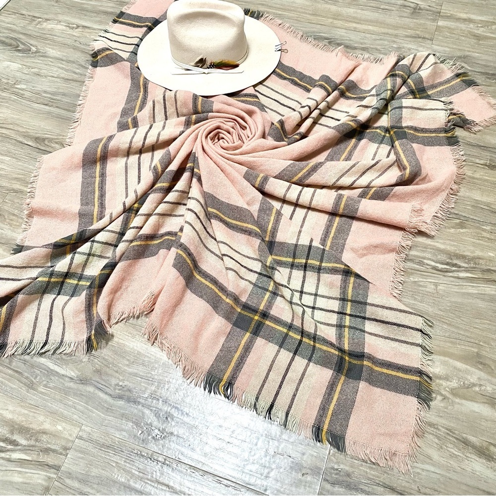Plaid Pink and Cream Blanket boho Scarf multifunctional w cabin vibe